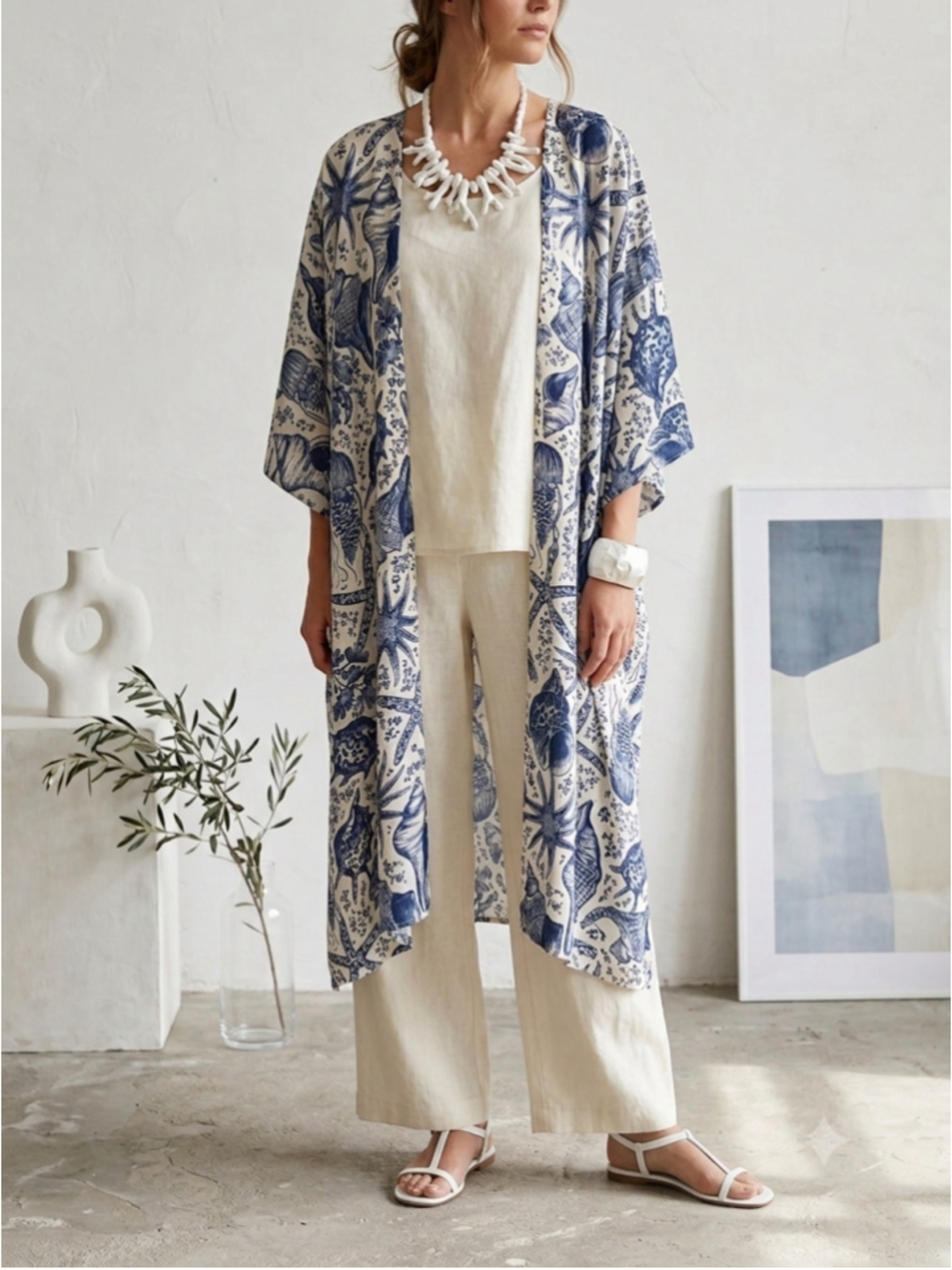 NWT Attitudes by Renee Kimono Duster Cardigan L Shell Seashell Blue White Coasta - Picture 1 of 8